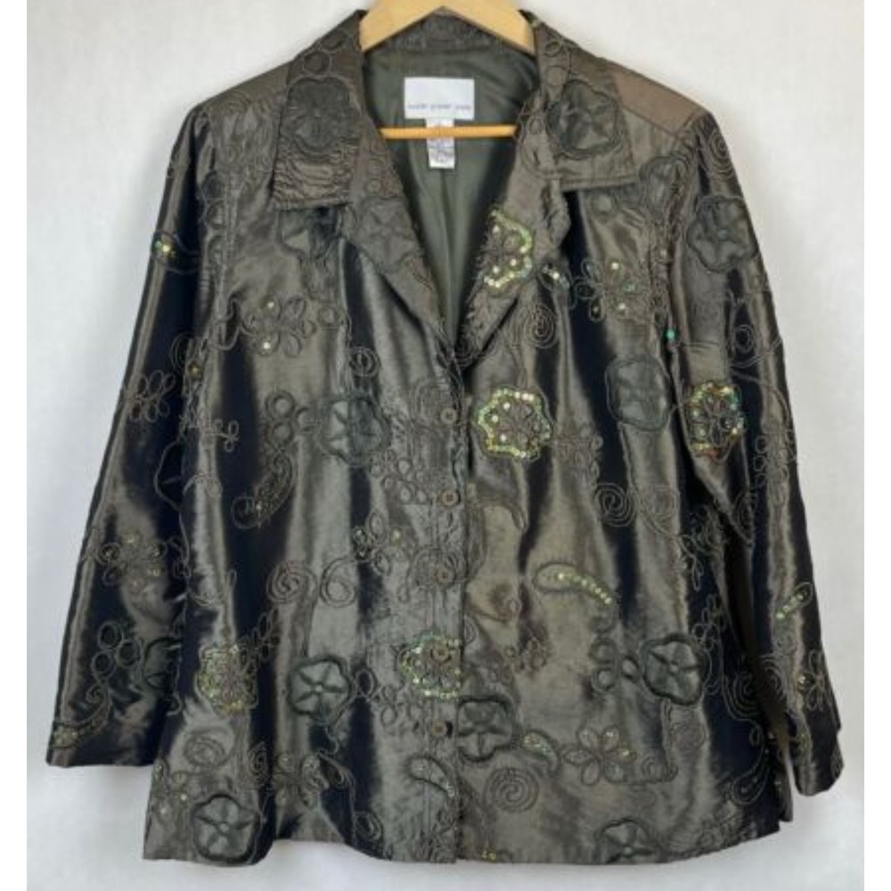 Susan Graver Olive Green Embroidered Sequin Blazer S